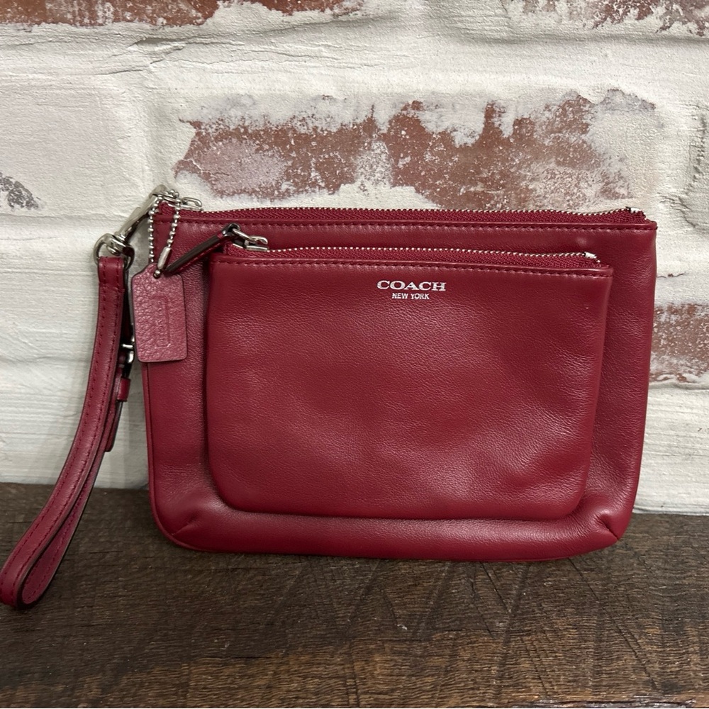 Coach Legacy Carnelian Red Double Pouch 8"x 6”Leather Wristlet /Wallet-Tag Charm